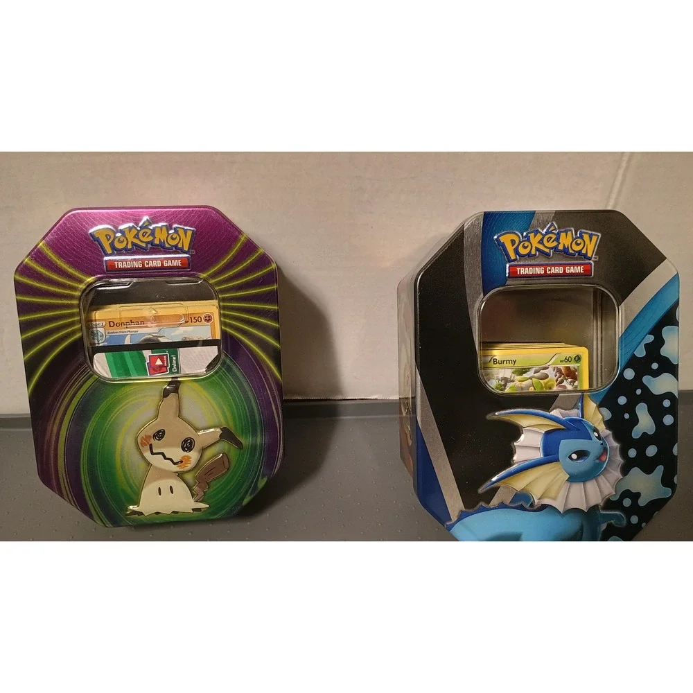 Pokemon TCG Tins Lot 3 Mimikyu Vaporeon Dragonite Assortment  of Trading Cards